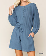 Load image into Gallery viewer, Peasant Button Down Drawstring Pocket Romper
