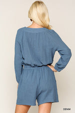 Load image into Gallery viewer, Peasant Button Down Drawstring Pocket Romper
